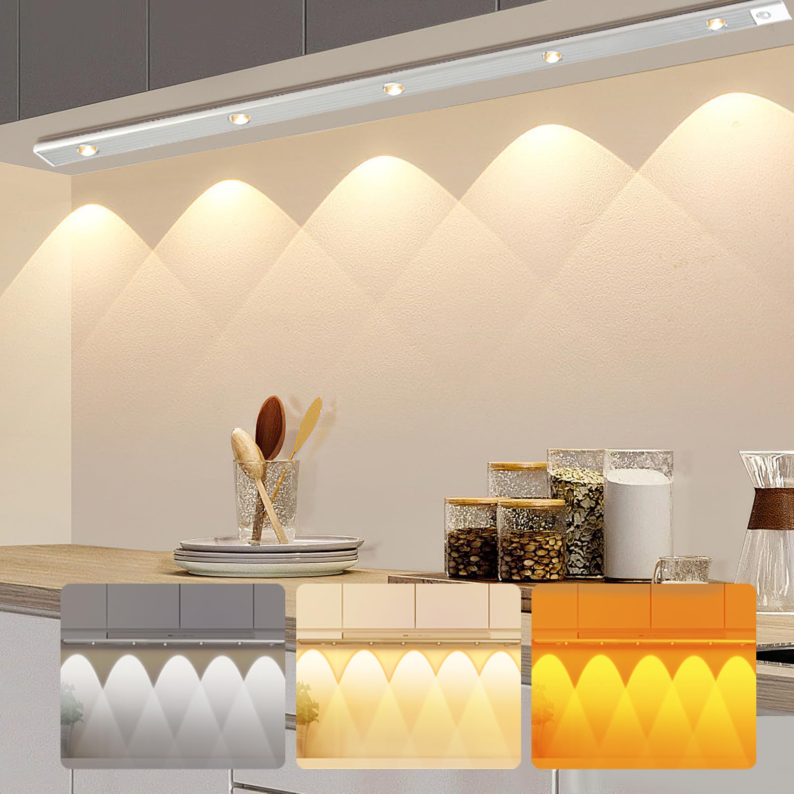 60 cm Under Cupboard Kitchen Lights with Motion Sensor LED Sensor Light Indoor USB Rechargeable Cabinet Lights Fully Dimmable Wireless Night Light for Kitchen, Bedroom, Stairs (3 Colors)