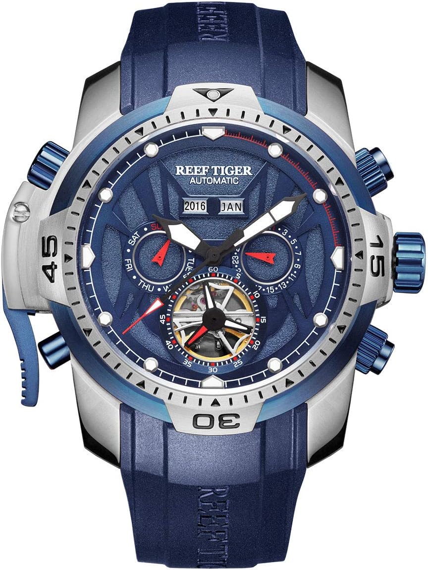 Reef Tiger Mens Luminous Sport Steel Blue Dial Automatic Watch Rubber Strap RGA3532