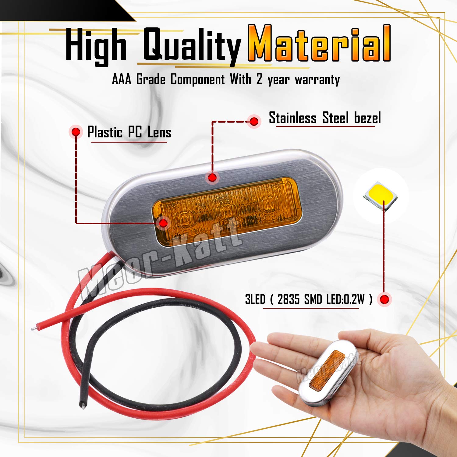 Meerkatt (Pack of 10) 3 Inch Oblong Amber LED Marine Courtesy Light Sealed Flush Mount Clearance Lamp for Yacht Stair Deck Garden Boat RV Cabin Truck Waterproof 12V DC with Chrome Stainless Bezel UV12