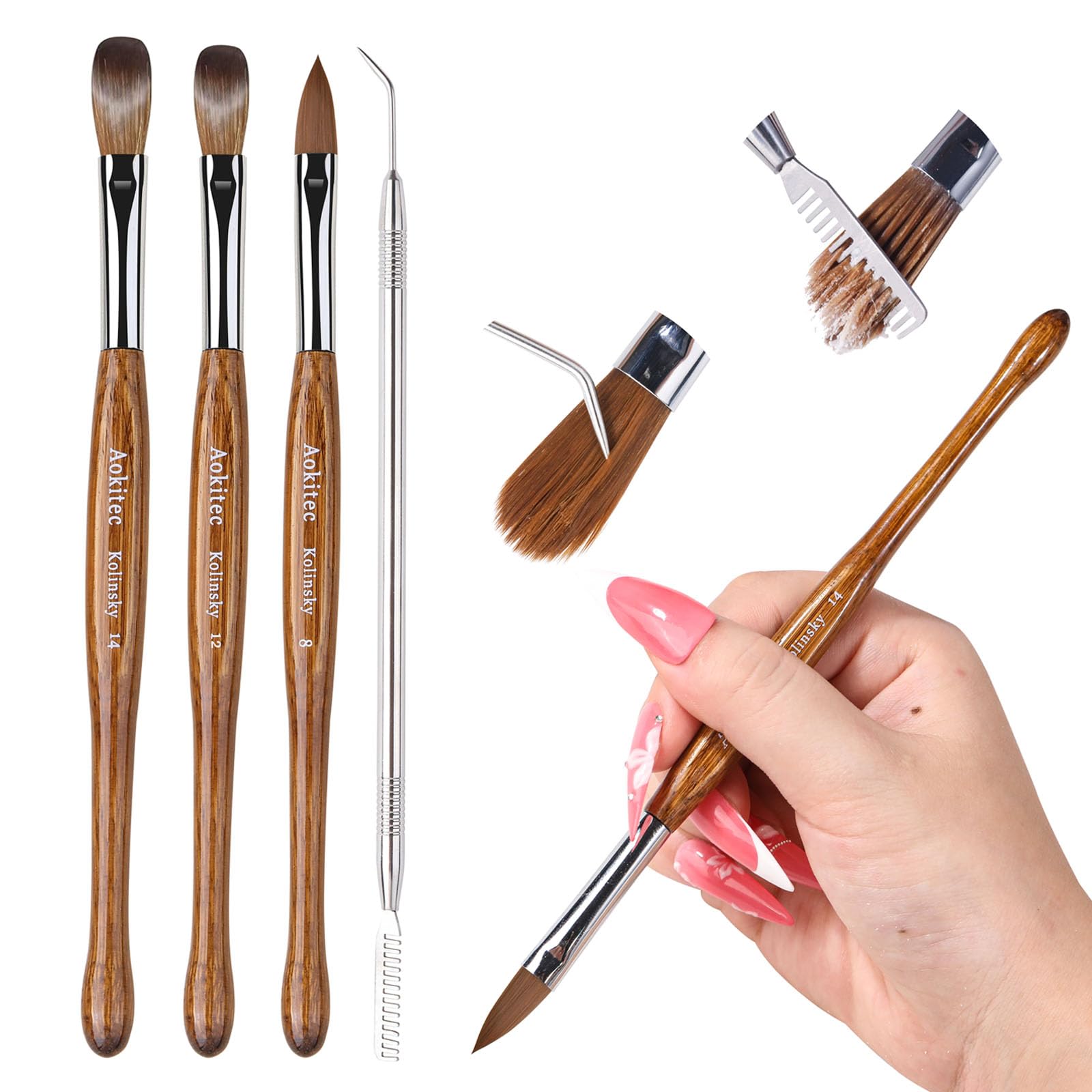 Aokitec Kolinsky Acrylic Nail Brush with Metal Brush Cleaner - Size 8/12/14 Nail Brushes for Acrylic Powder, Wooden Handle Acrylic Brushes for Nails, Acrylic Nail Extension & Carving, Women Gift Set