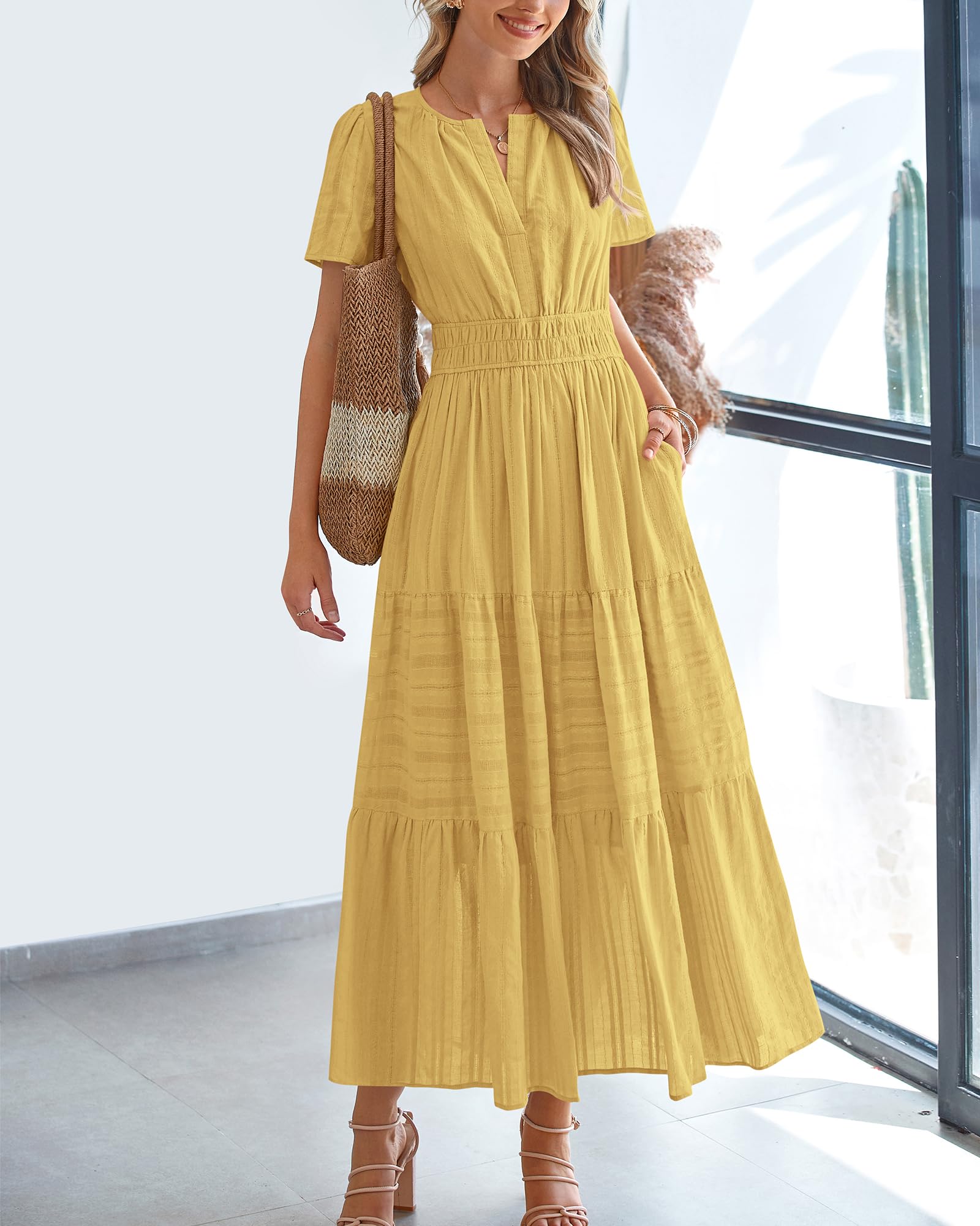 Condition photo showing New/Like New for btfbm womens summer 2026 casual midi maxi dresses lightweight short sleeve v neck elastic waist boho