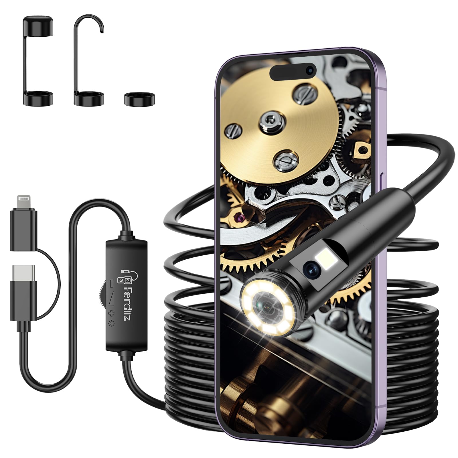 Dual Lens Endoscope Camera with Light, 1920P HD Borescope with 8 Adjustable LED Lights, Borescope with 16.4ft Semi-Rigid Snake Camera with Light, 7.9mm IP67 Waterproof Endoscope for iOS and Android Image Dual Lens Endoscope Camera with Light, 1920P HD Borescope with 8 Adjustable LED Lights, Borescope with 16.4ft Semi-Rigid Snake Camera with Light, 7.9mm IP67 Waterproof Endoscope for iOS and Android Image