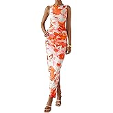 MASCOMODA Womens Bodycon Summer Dresses 2026 Sleeveless Floral Mesh Maxi Dress Side Slit Ruched Long Party Cocktail Dresses