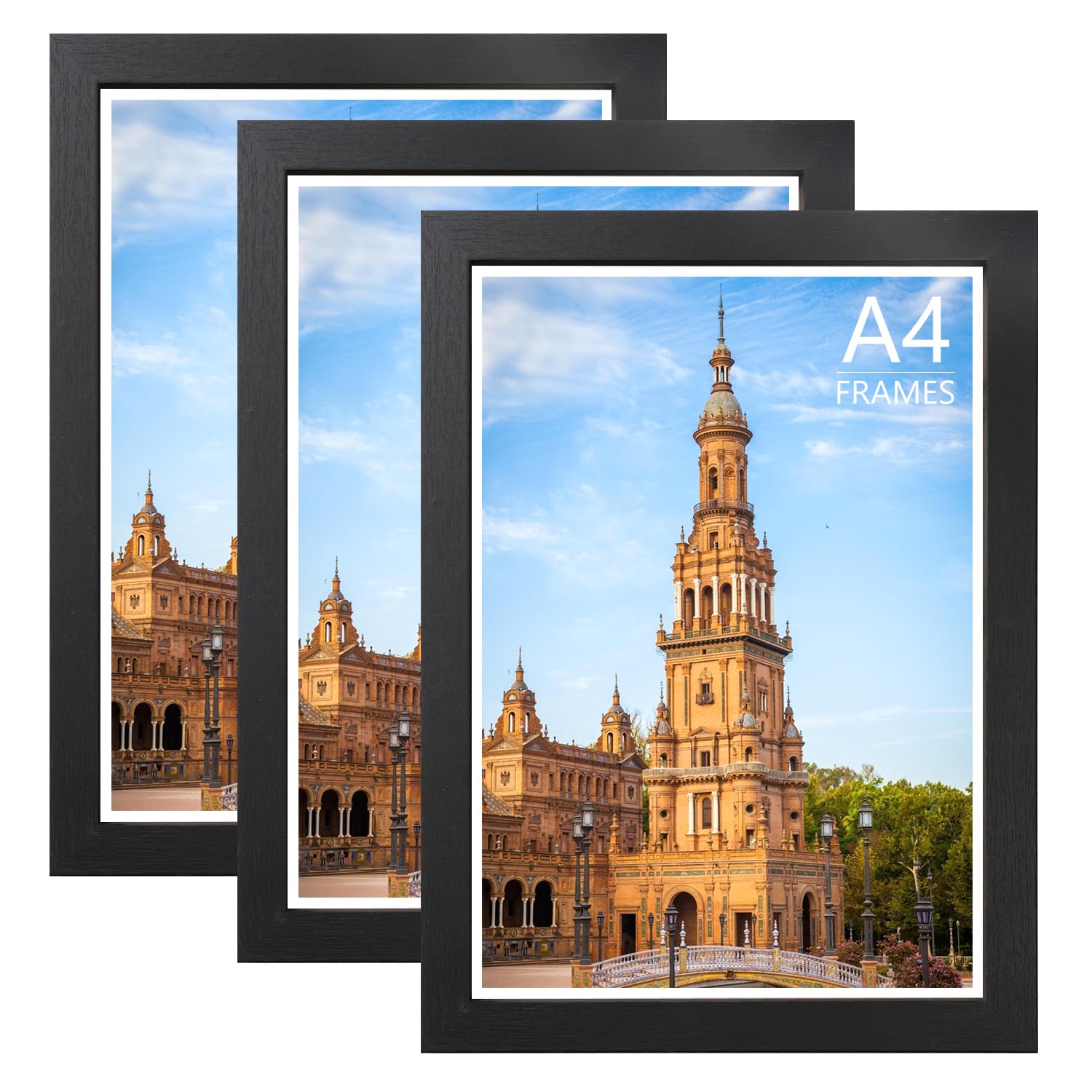 A4 Picture Frames 3 Pack, Black Wood Grain Effect Photo Frame Set with Shatterproof Perspex, 21x29.7cm Certificate Frames for Professional Display, Portrait or Landscape