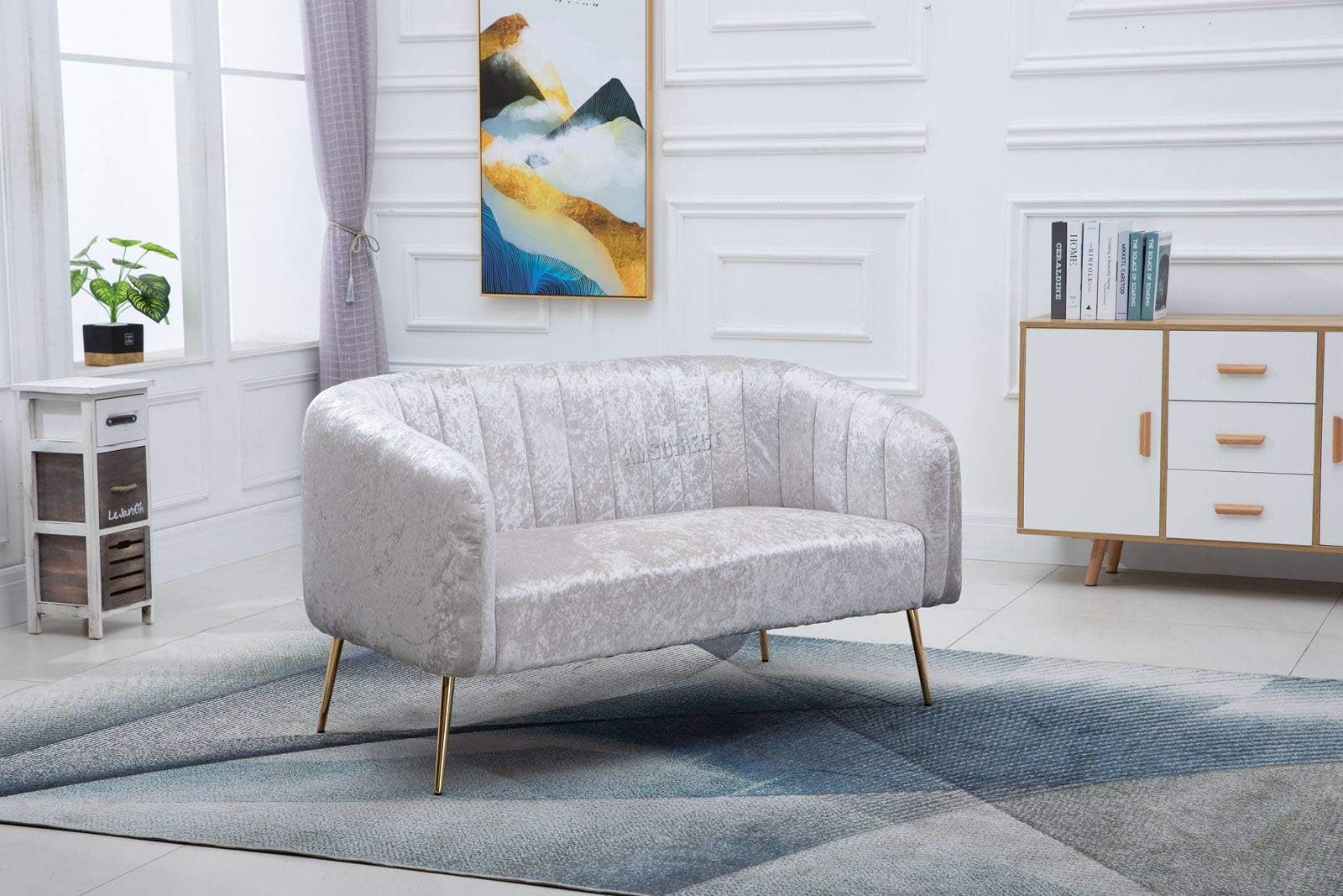 WestWood Sofa Armchair 2 Seater Settee Couch Deep Upholstered Seat Crush Velvet Fabric Chair Home Furniture 8101B Cream