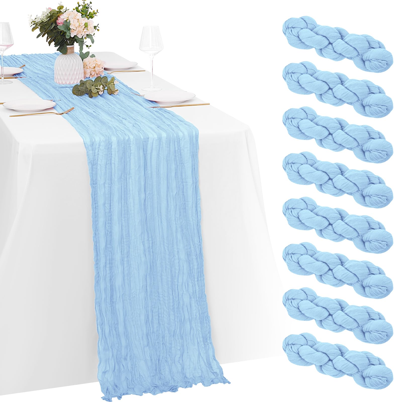 Photo 1 of 8 Pack Baby Blue Cheesecloth Table Runners 20x120 Inch Gauze Table Runner 10FT Easter Cheese Cloth Table Runner Rustic Sheer Runner for Wedding Baby Shower Birthday Party Table Decor