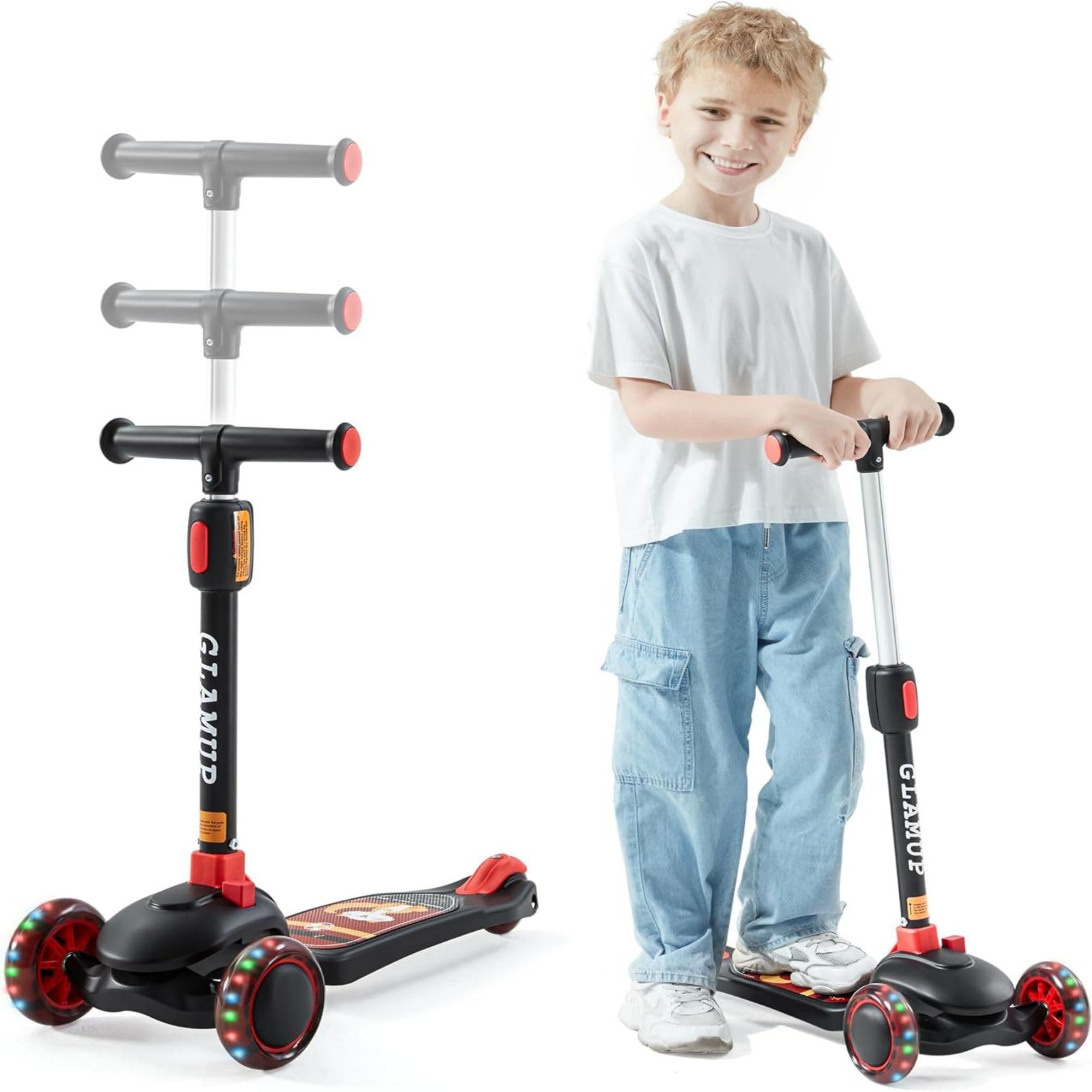 Kick Scooter Adjustable Height Adjustable Handlebar，Kids Scooter 3 Wheel with LED Lights，Suitable Kids Ages 2，Ages 6，Ages 8，Extra Wide Deck for Boys and Girls