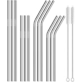 Lydnvjx 12 Pack of Reusable Stainless Steel Metal Straws, 3 Straight + 3 Bent 10.5 Inch and 3 Straight + 3 Bent 8.5 Inch Metal Straws with 2 Cleaning Brushes for 20 24 30 oz Tumbler Dishwasher Safef