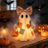 Large Lighted Vintage Patchwork Ghost with Pumpkin Lantern | Vintage Rustic Fall Figurine with Lights String, Mantel &amp; Shelf Decor, Entryway &amp; Porch Use, Ghost Lamp, Halloween Decor