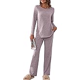 YuYukan Womens Pajamas Set Casual Long Sleeve Ribbed Tops Wide Leg Pants with Pockets 2 Piece Lounge Sets Nightwear