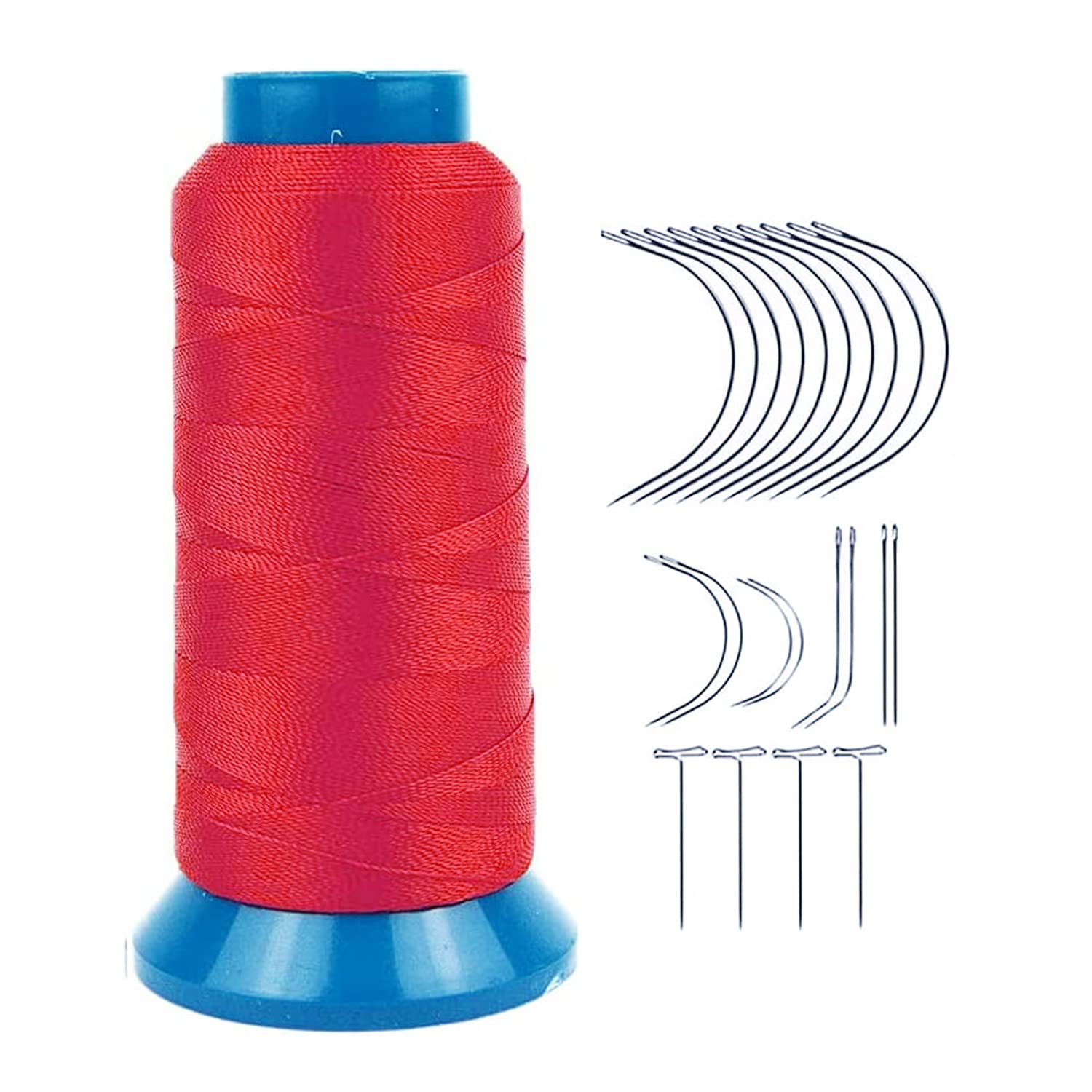 Bonded Sewing Thread Polyester Weaving Thread 1200 Yards 250D with 12pcs 9cm C Type Needles Curved Hair Needles (Red)