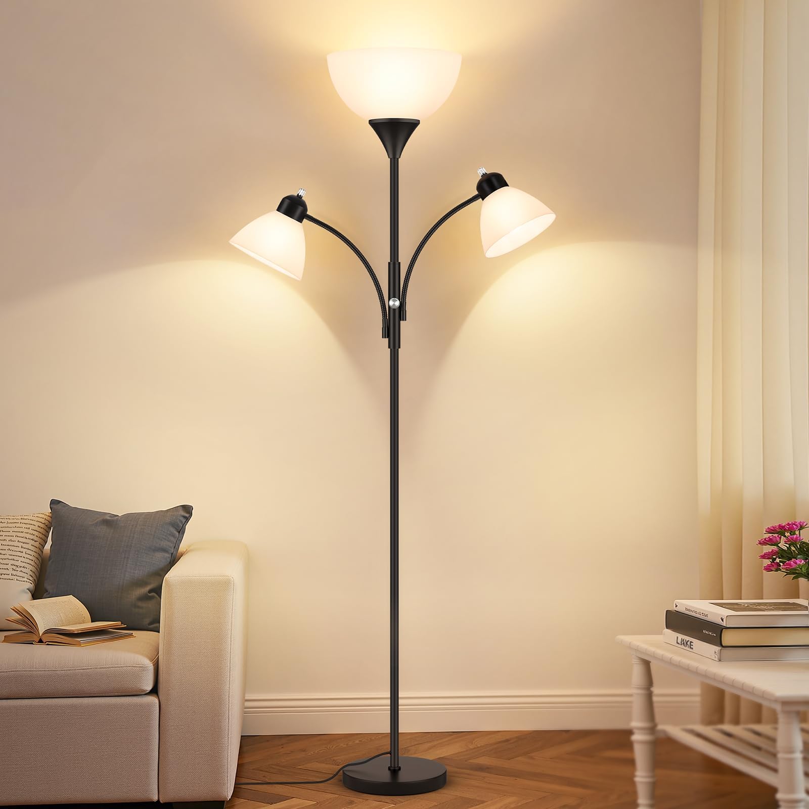 Photo 1 of Coucrek Floor Lamp for Living Room,72" Dimmable Torchiere Lamp with 2 Reading Lights for Bedroom, Black Tall Standing Room Lamp, 3 Bulbs Included