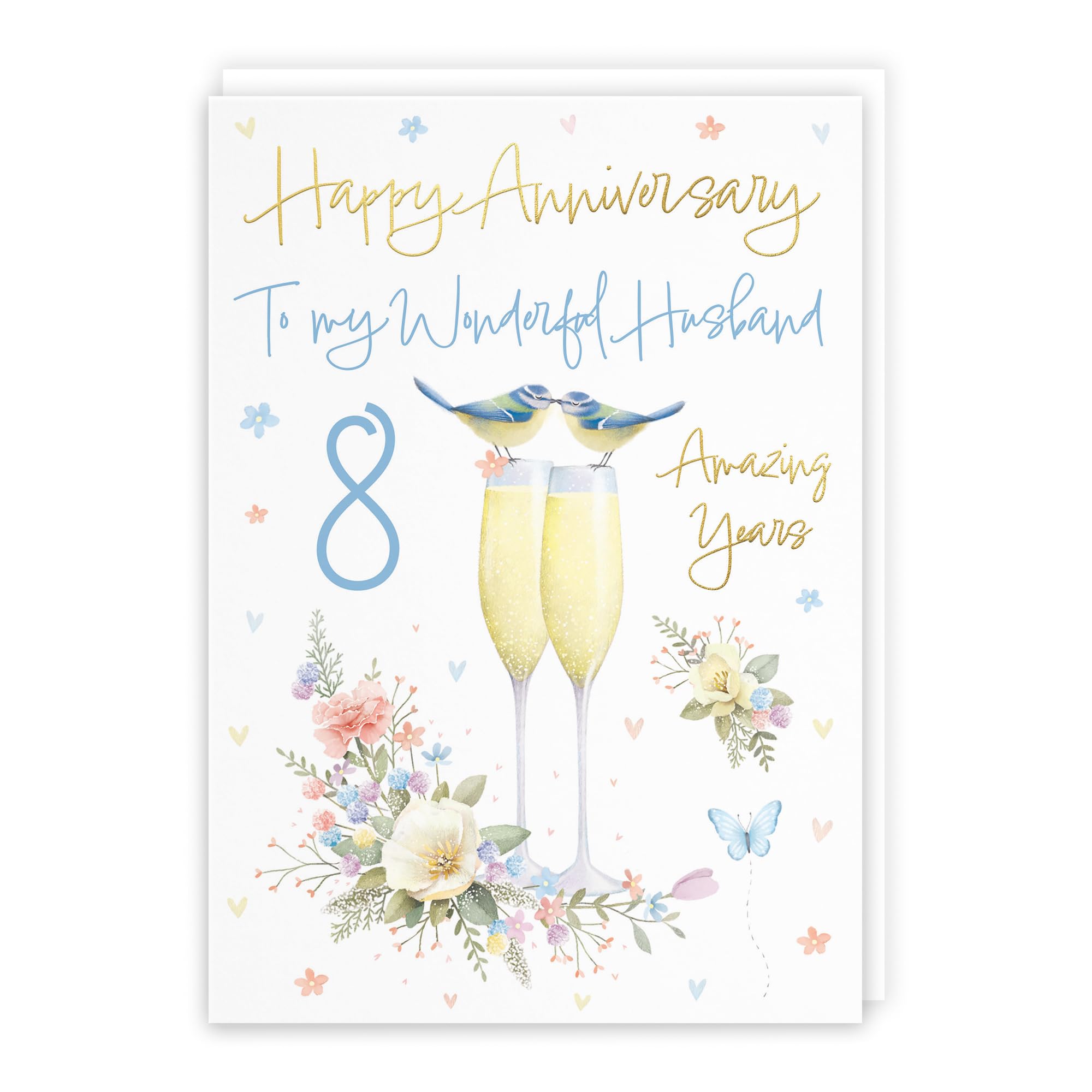 Hunts England - Husband 8th Anniversary Card - A5 Size - Champagne Flutes - Gold Foil - Luxury 8th Anniversary Card For Husband - Eight Years - 8th Anniversary - Milo's Gallery — image 1
