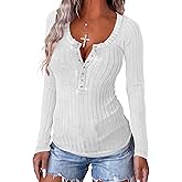 APOFER Women's Long Sleeve Tunics Lightweight Ribbed Knit Blouse Scoop Neck Tops Snap Button Slim Fit Casual Henley Shirt