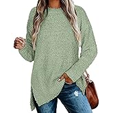 Qearal Women's Long Sleeve Fuzzy Knitted Sweater Popcorn Side Split Loose Pullover Tops