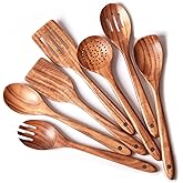 Gudamaye 13 inch Long Wooden Utensils for Cooking, Long Handle Wooden Spoons for Cooking, 7 PCES Crafting Wooden Spoon Set, Wooden Kitchen Utensil set, Natural Teak Wooden utensil Set