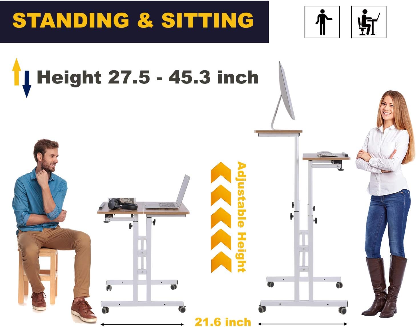 AIZ Mobile Standing Desk, Adjustable Computer Desk Rolling Laptop Cart on Wheels Home Office Computer Workstation, Portable Laptop Stand for Small Spaces Tall Table for Standing or Sitting, Oak: Kitchen & Dining