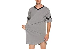 HEZIOWYUN Men's Nightwear, Cotton Nightshirt Comfy Big&Tall V Neck Short Sleeve Soft Loose Sleep Shirt