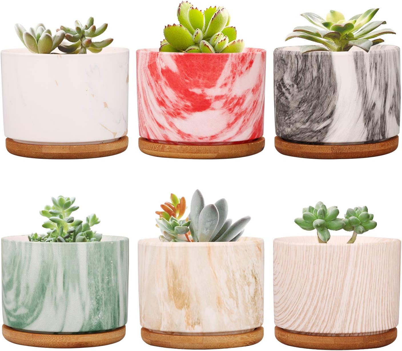 Plant Pot ,Brajttt Ceramic Succulent Pot Planter Flower Pots with Drainage,Small Planter Pots for Mini Plant Ceramic Flowing Glaze Base Serial Set with Bamboo Tray(Set of 6)