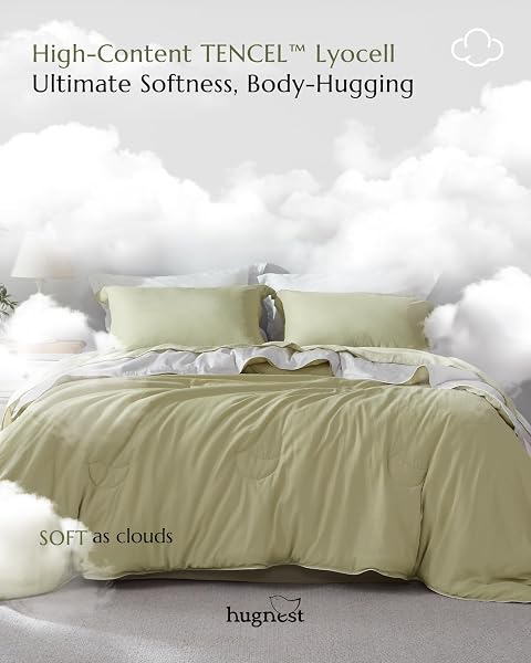 HUGNEST COMFORTER SET QUEEN SIZE SAGE GREEN – LUXURY SOFT TENCEL COTTON BED SET, BREATHABLE LIGHTWEIGHT COMFORTERS FOR ALL SEASONS, 3 PIECES, 1 COMFORTER (90″X90″) AND 2 PILLOW CASES (20″X30″)
