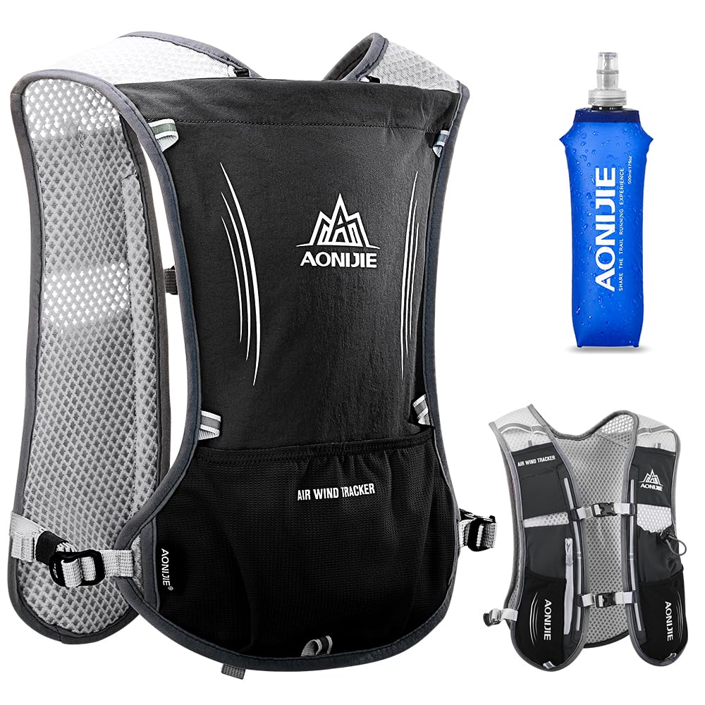 HINATAA Lightweight Running Hydration Backpack, 5L 190g Running Hydration Vest for Women and Men Cycling Running Climbing Hiking Vest Pack (Black with 500ML water bottle)