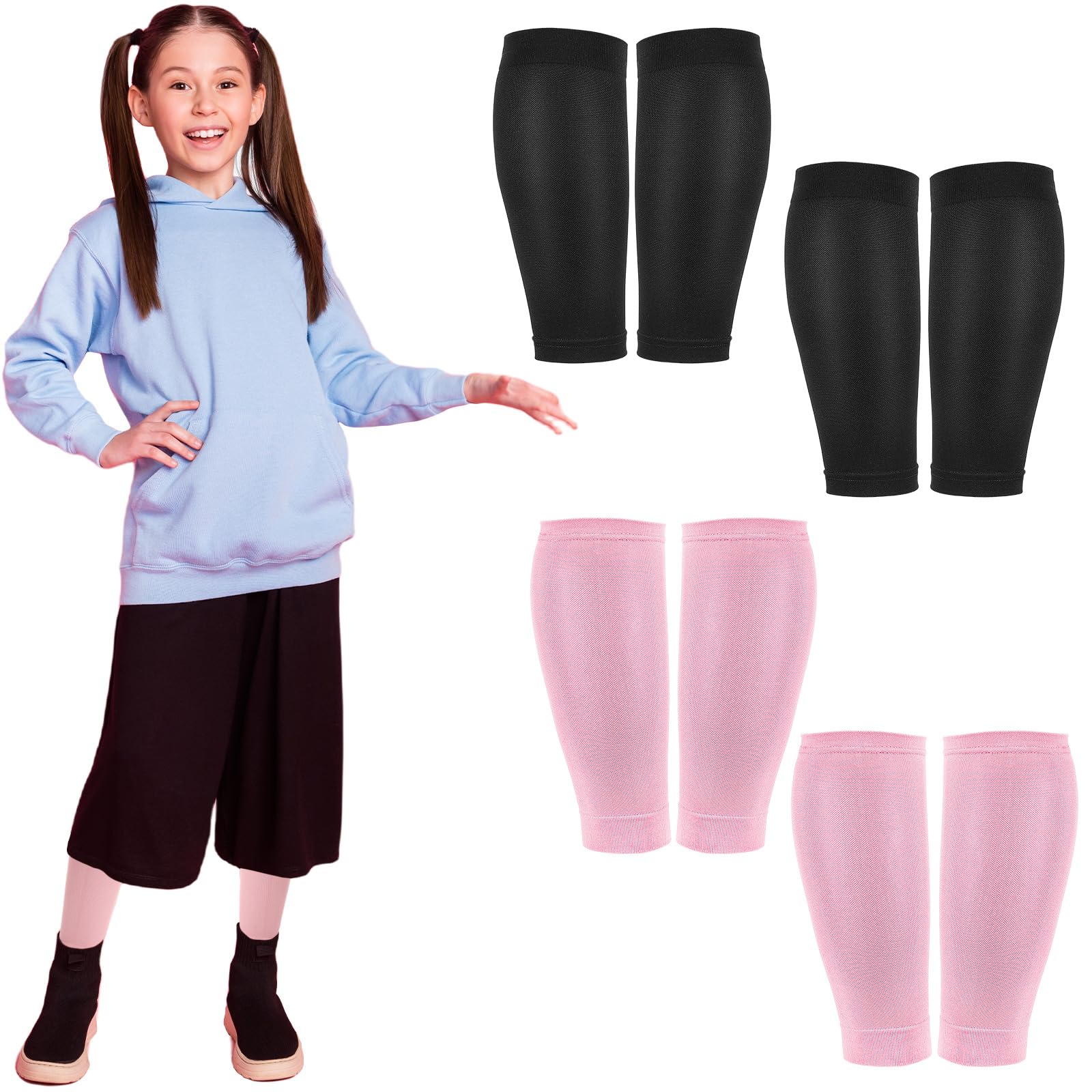 Photo 1 of Tarpop 4 Pairs Basketball Leg Sleeves Youth Kid Calf Compression Sleeves for Sport Protection Calf and Shin Support(Black, Pink)