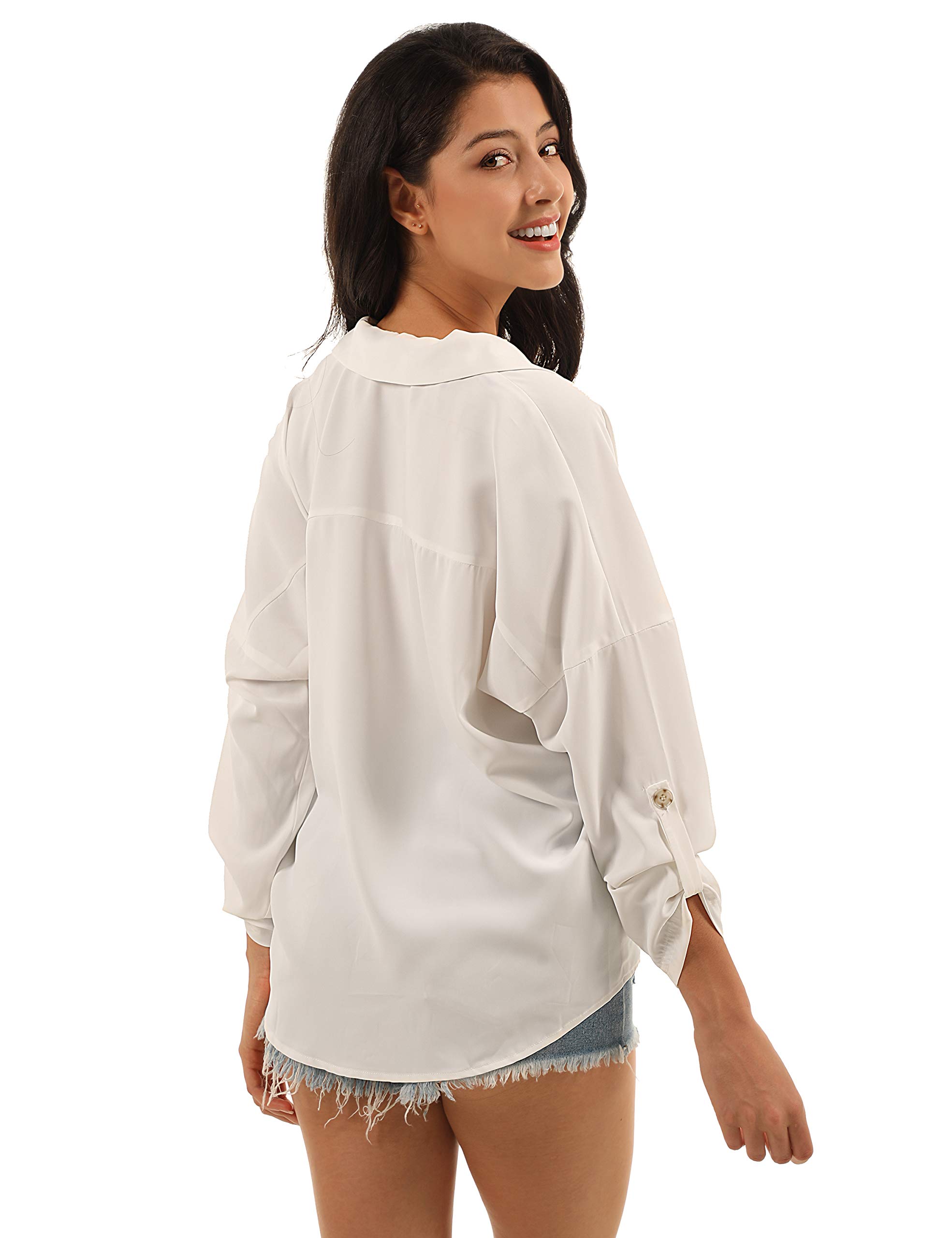 Blooming Jelly Womens Long Sleeve Button Down Shirt Collared V Neck Blouse Roll Up Sleeve Pocket Casual Tops (x-Large, White)