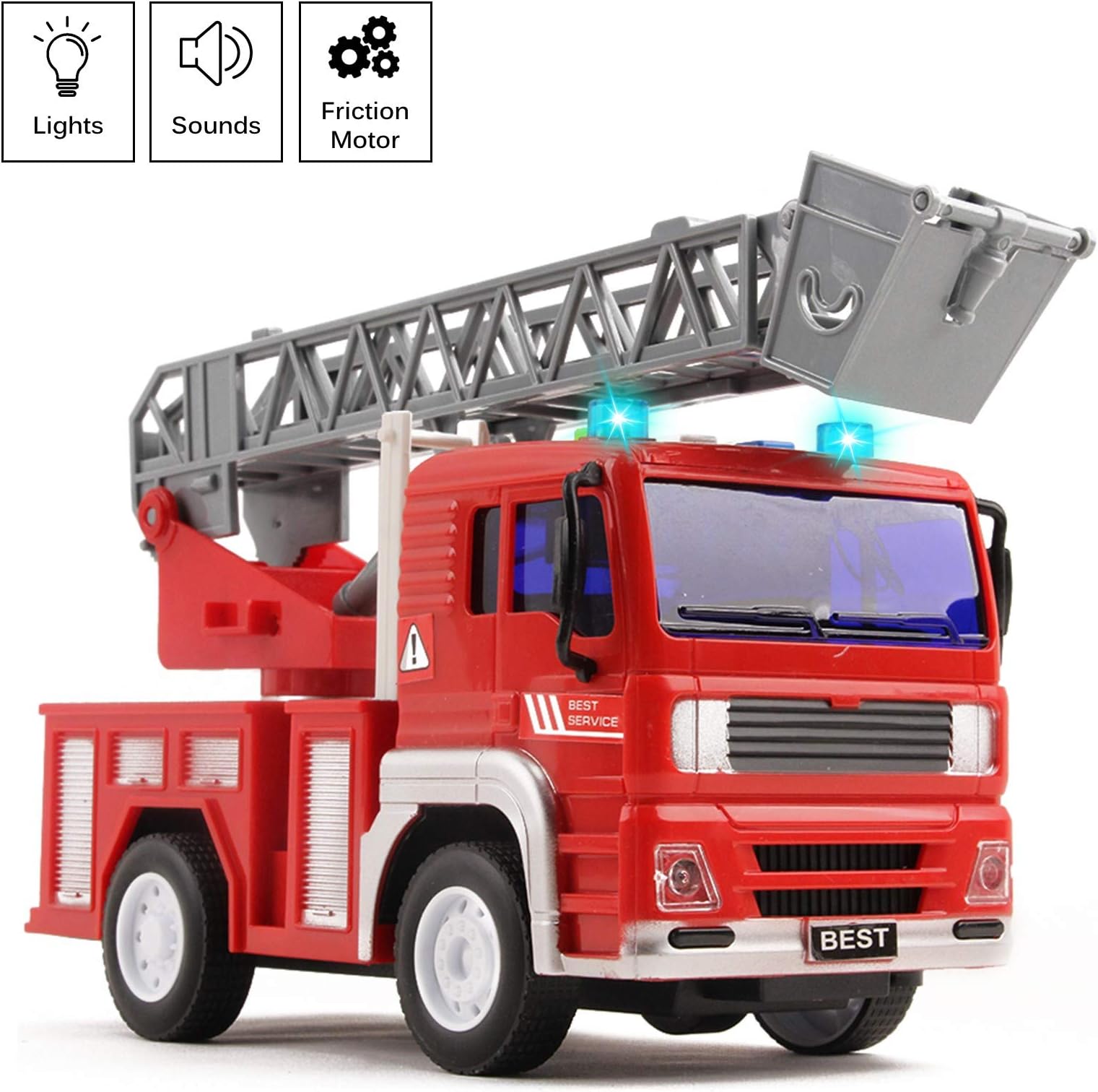 Vokodo Fire Truck Rescue with Lights and Sounds 12.5" Extending Ladder 360 Rotation Friction Powered Toy Car Kids Push and Go Firetruck Engine Vehicle Pretend Play Great Gift for Children Boys Girls