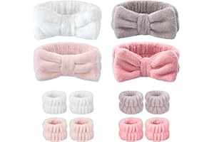 VITEVER 4 Pack Spa Headband for Washing Face with 8 Wristbands, Girl Hair Band, Microfiber Women Headbands, Headband and wrist bands to Skincare, Cosmetic, Shower-White, Brown, Rose Pink, Light Pink