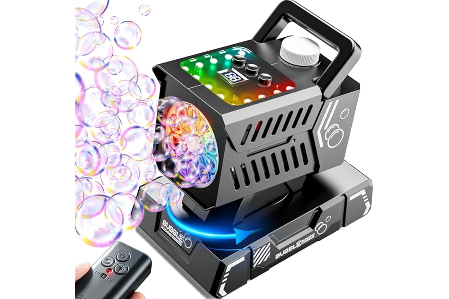 Bttyu Bubble Machine Remote Control 98ft Range,Auto Rotation & 11 RGB Lights, 1800mAh Rechargeable Battery/USB-C Charging,Top
