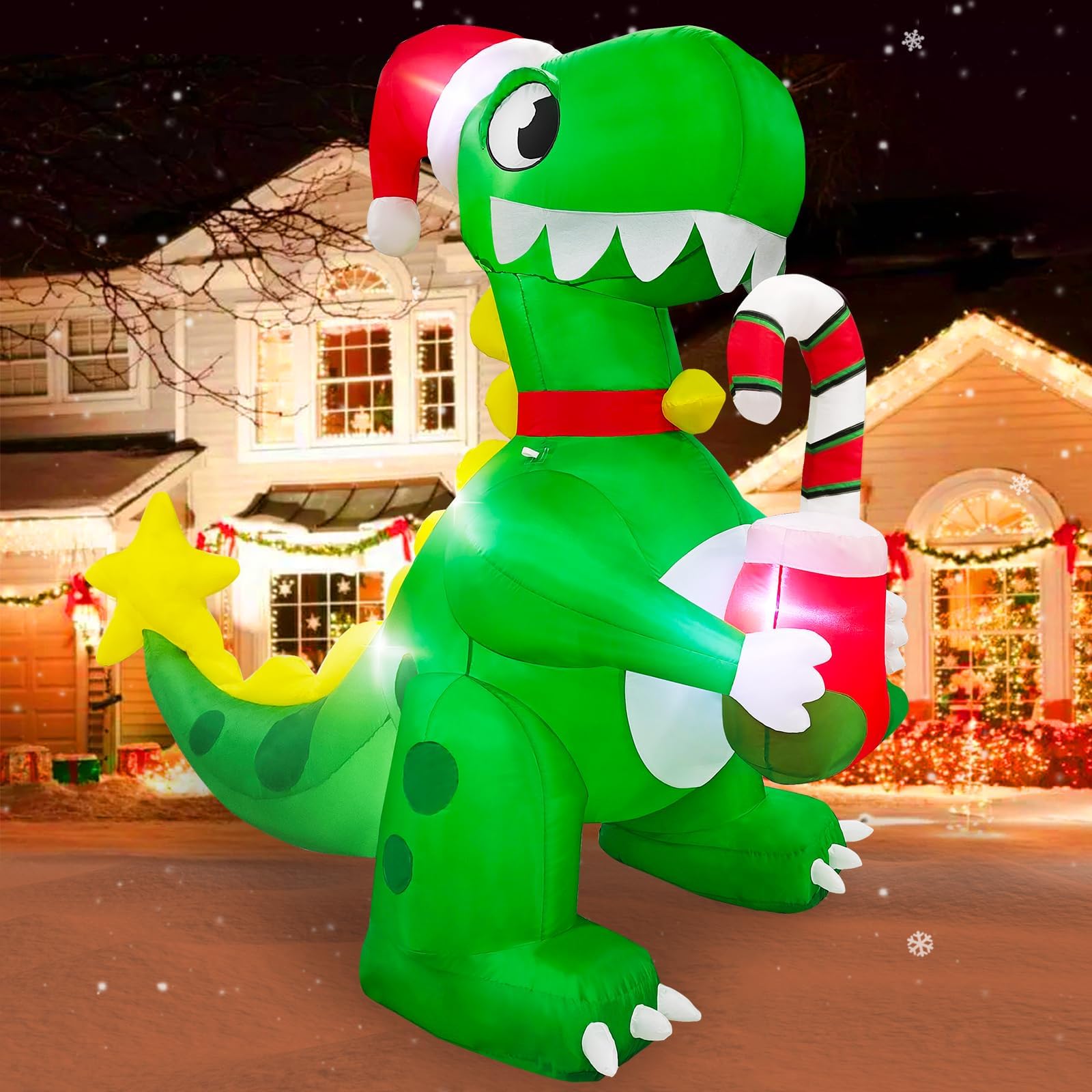 Danxilu 7FT Christmas Inflatables Dinosaur with Candy Cane Xmas Stocking, Inflatable Christmas Decorations Build in LED Lights for Holiday Garden Patio Lawn Outdoor Indoor Decoration