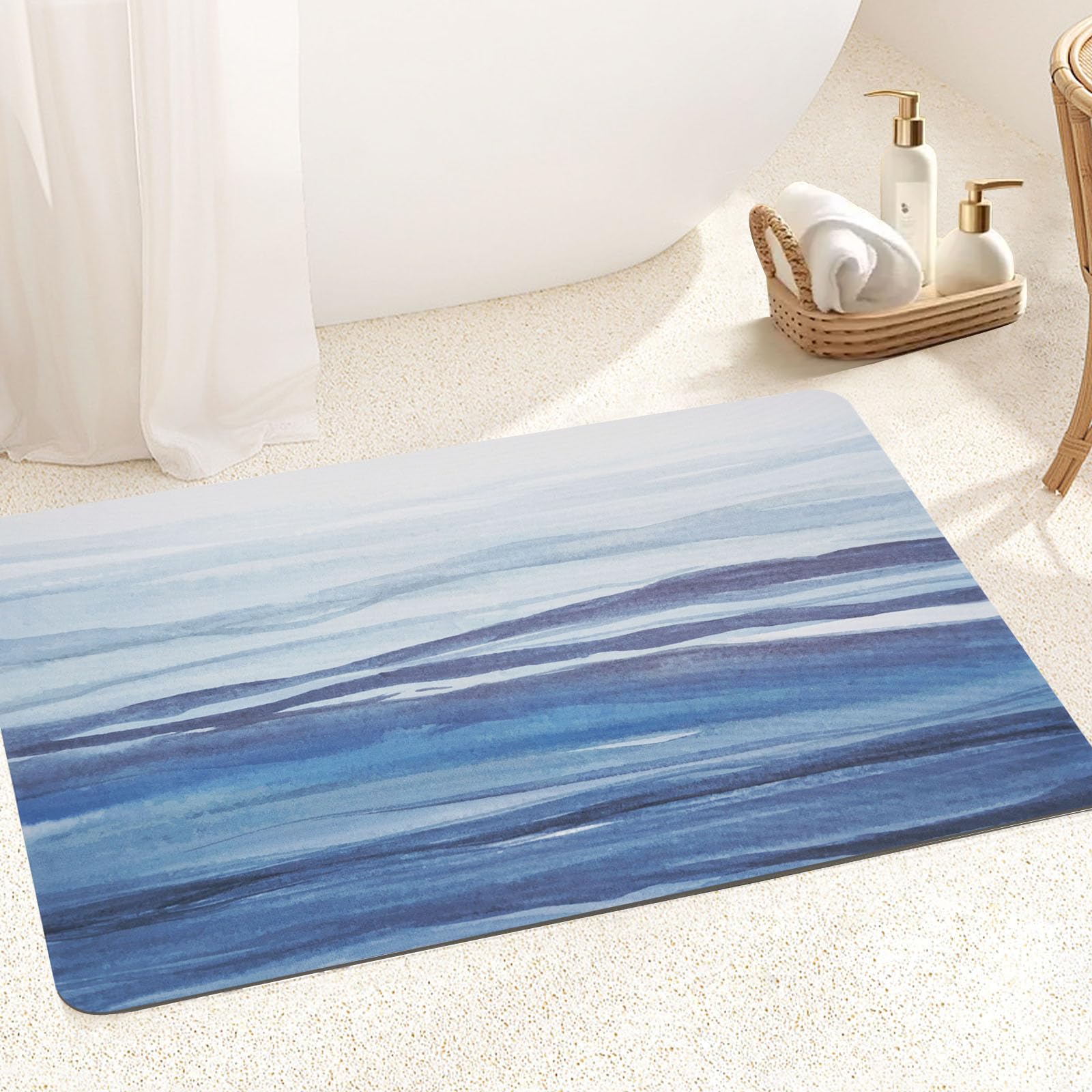 Photo 1 of FRESHMINT Soft Abstract Bath Mat Watercolor Bathroom Mat Non-Slip Qucik Dry Bath Rugs Thin Washable Seascape Shower Floor Mats with Super Water Absorbent Layer & Rubber Backing, 20"x32", Sea Blue