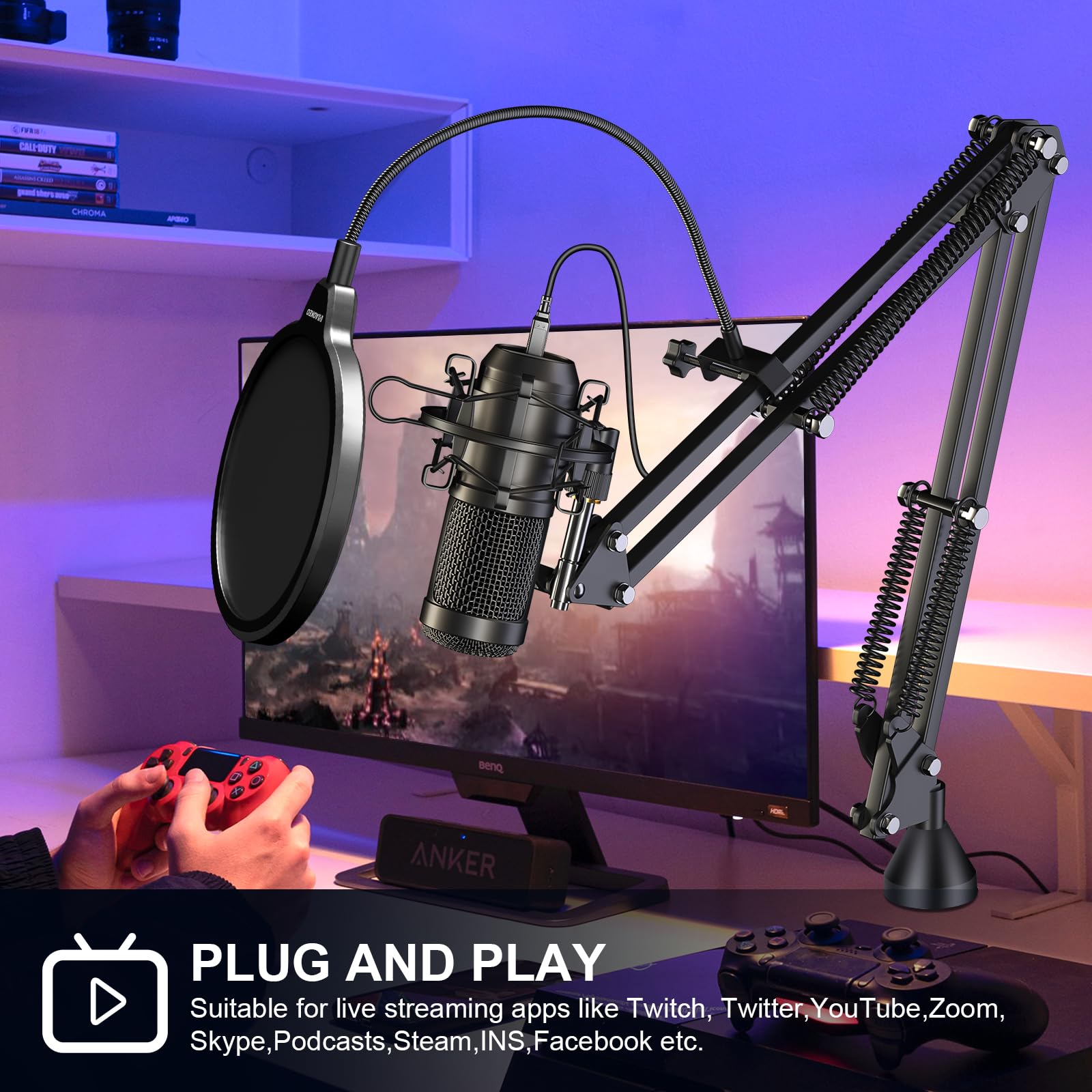 Aokeo USB Condenser Microphone, 192kHZ/24bit Professional PC Streaming Podcast Cardioid Microphone Kit with Boom Arm, Shock Mount, Pop Filter, for Recording, Gaming, YouTube,Meeting, Discord