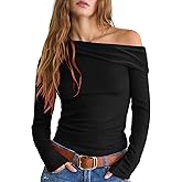 LIYOHON Women's Off The Shoulder Top Long Sleeve Shirts Sexy Slim Blouses Date Night Going Out One Shoulder Tops