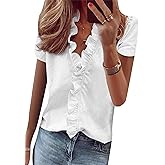 BOFETA Women's Short Sleeve V Neck Slim Blouse Holiday Tank Top Solid Color Loose Blouse