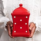 City to Cottage Handmade Red and White Polka Dot Large Ceramic 31.5oz/900ml Kitchen Storage Jar with Lid | Pottery Canister, Cookie Jar, Housewarming Gift