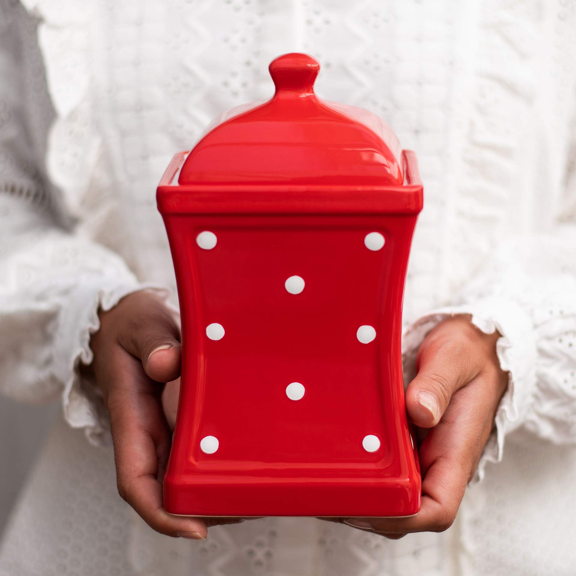 Photo 1 of City to Cottage Handmade Red and White Polka Dot Large Ceramic 31.5oz/900ml Kitchen Storage Jar with Lid | Pottery Canister, Cookie Jar, Housewarming Gift