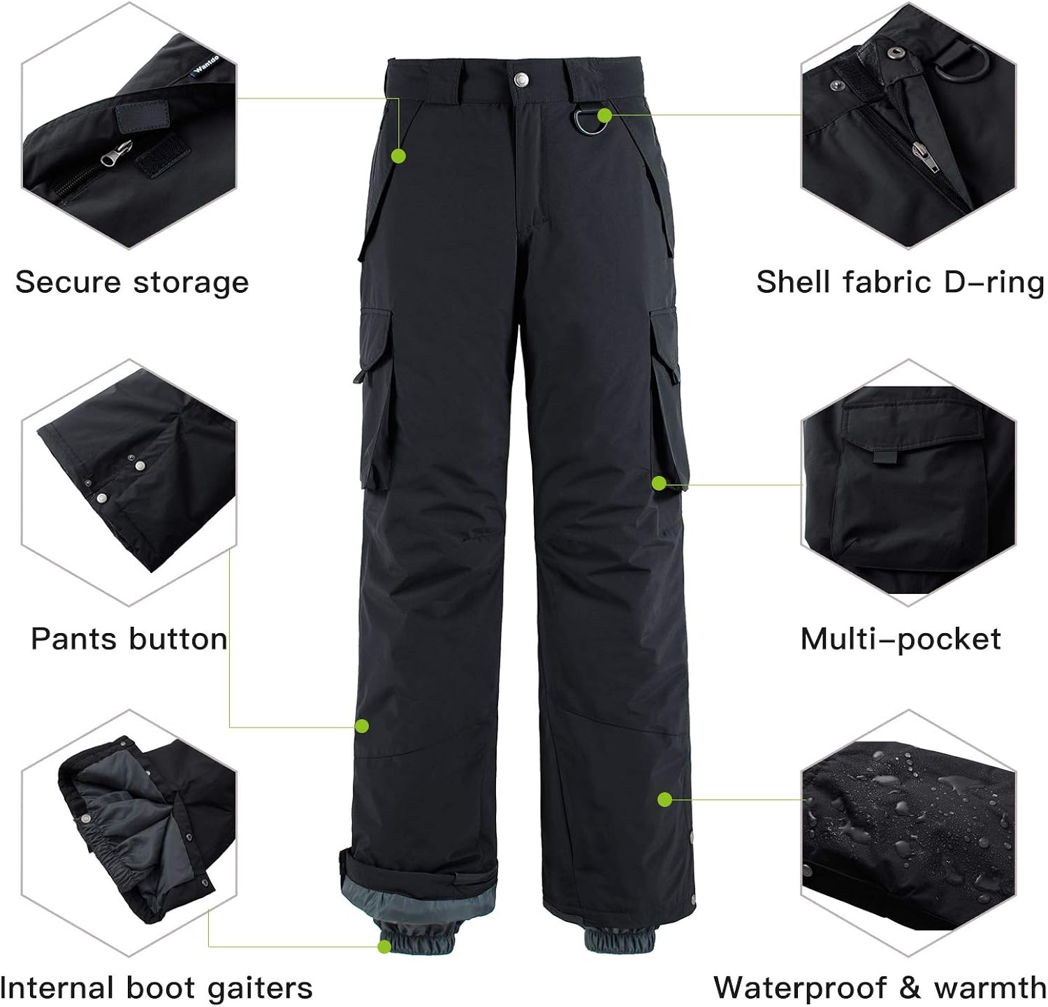 Wantdo Men's Waterproof Ski Pants Warm Insulated Snow Pants Hiking Cargo Pants: Clothing