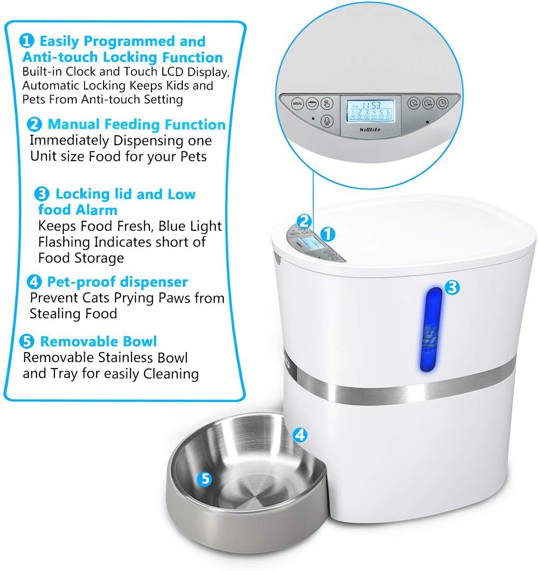 Pet Supplies : HoneyGuaridan Automatic Pet Feeder, Dogs, Cats, Rabbit & Small Animals Food Dispenser with Stainless Steel Pet Food Bowl, Portion Control and Voice Recording - Batteries and Power Adapter Support : 