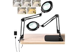 Jaenmsa 10X Magnifying Glass with Light and Stand, LED Desk Lamp with Base and Clamp, 5 Color Mode, 10 Dimmable Levels, Hands Free for Reading Crafts Jewelry Sewing Close Work