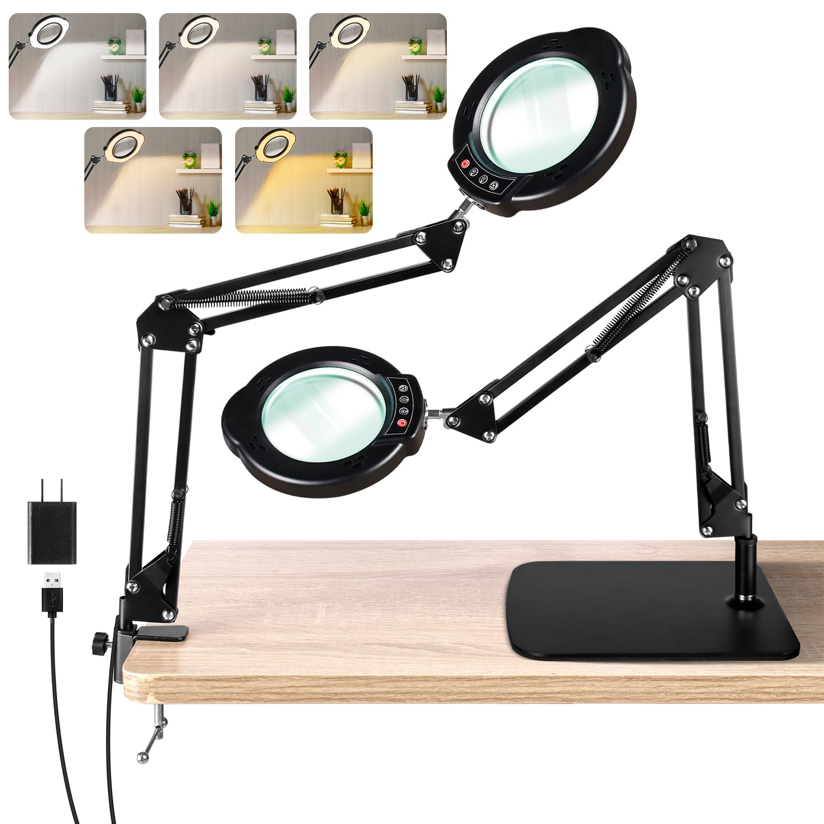 Photo 1 of Jaenmsa 10X Magnifying Glass with Light and Stand, LED Desk Lamp with Base and Clamp, 5 Color Mode, 10 Dimmable Levels, Hands Free for Reading Crafts Jewelry Sewing Close Work