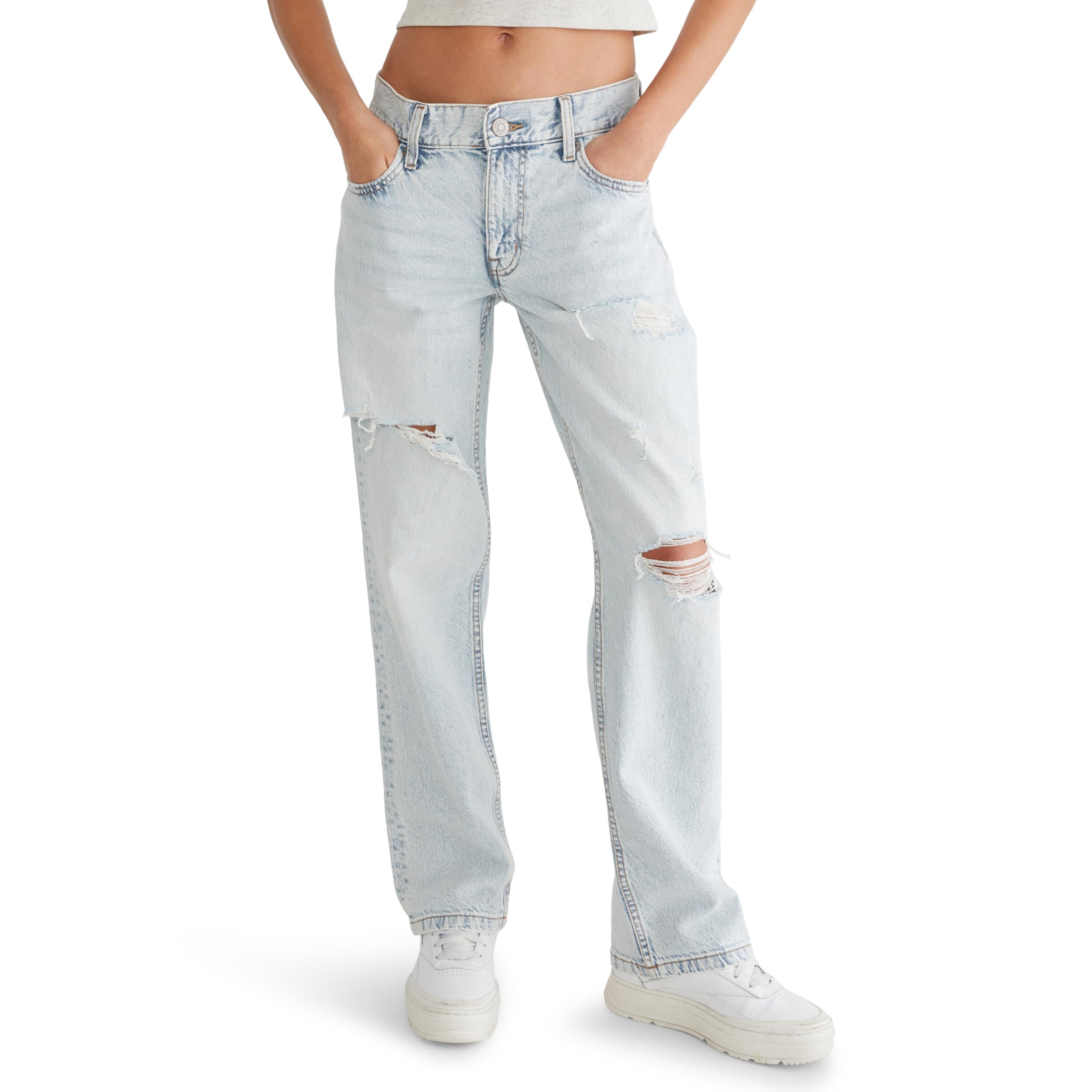 Aeropostale Women’s Low Rise Elastic Waist Baggy Jean, Light Wash, X-Large Regular