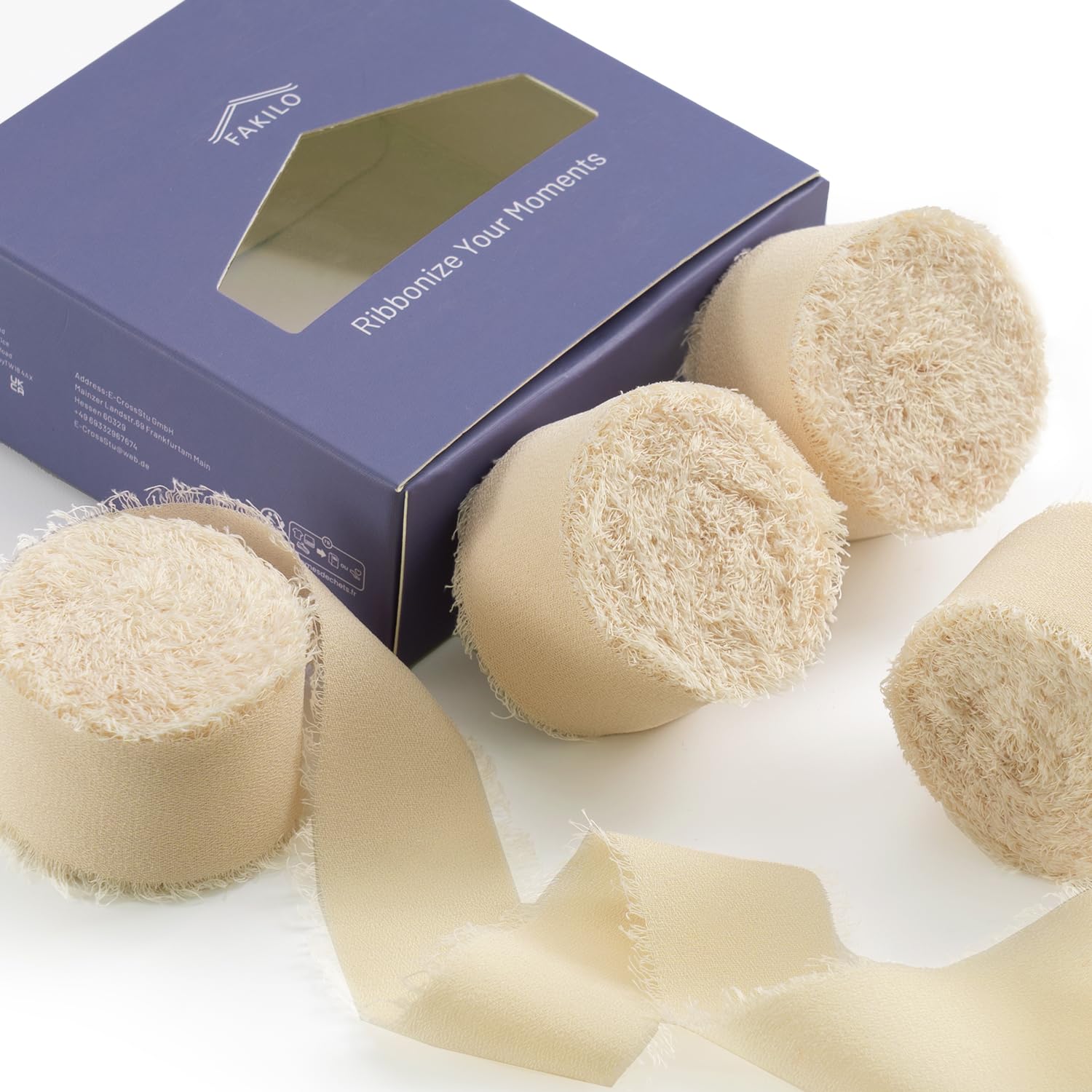 FAKILO Chiffon Ribbon with Frayed Edge, Beige Silk Chiffon Ribbon 4 Rolls 1'' X 5 Yd for Wedding Invitations, Bridal Bouquets, Gifts Wrapping, DIY Crafts