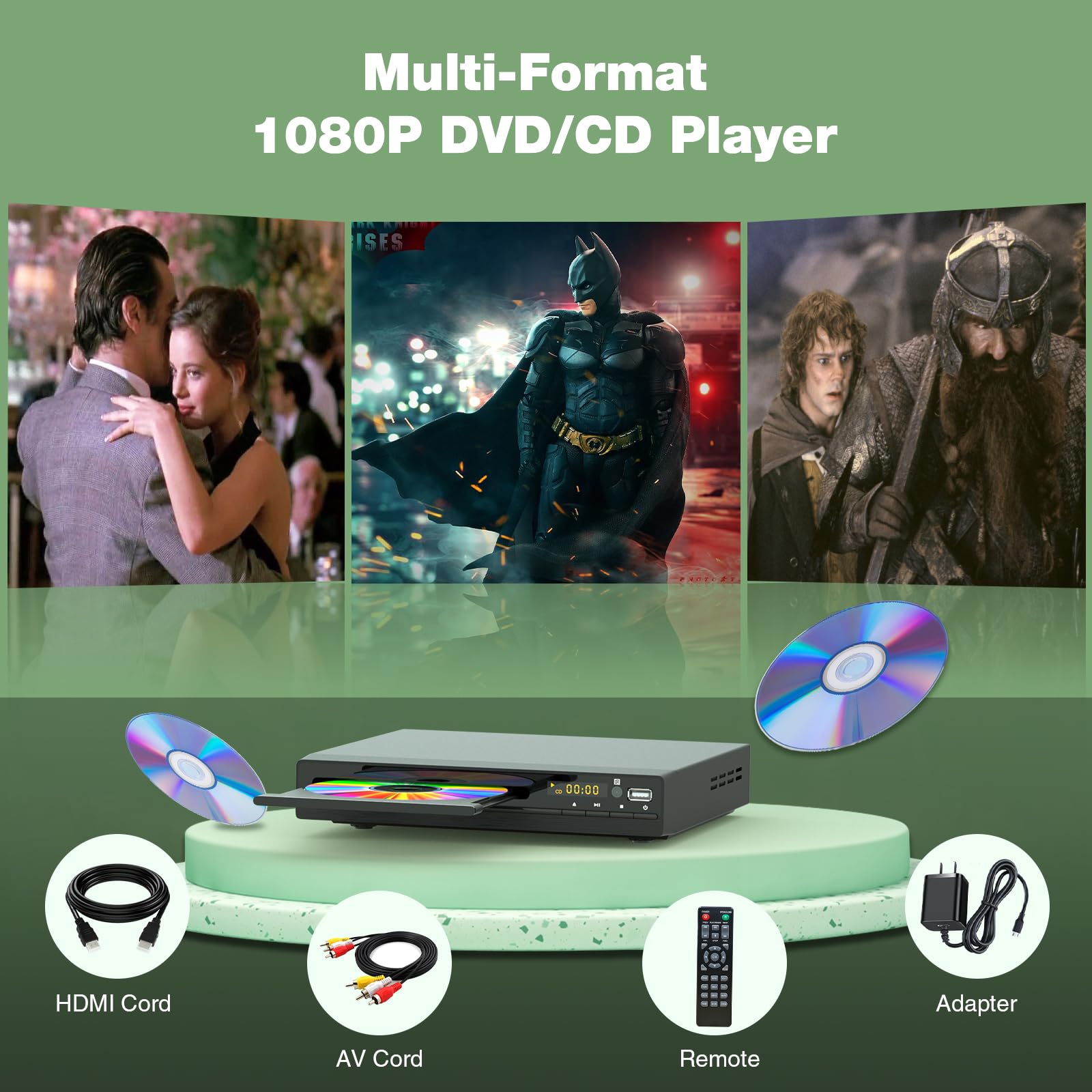 DVD Player, HDMI Region Free DVD Players for Smart TV, 1080P Upscaling, USB Input, HDMI/RCA Output Cable Included, Breakpoint Memory, Built-in PAL/NTSC, CD Players for Home