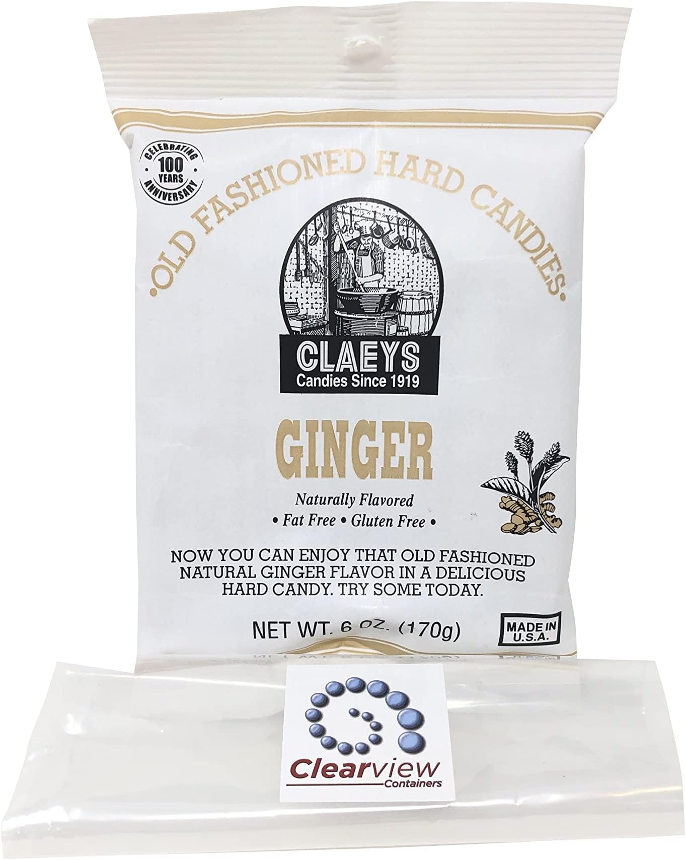Clearview Containers Claeys Candies Ginger Drops Hard Candy 6 Ounces