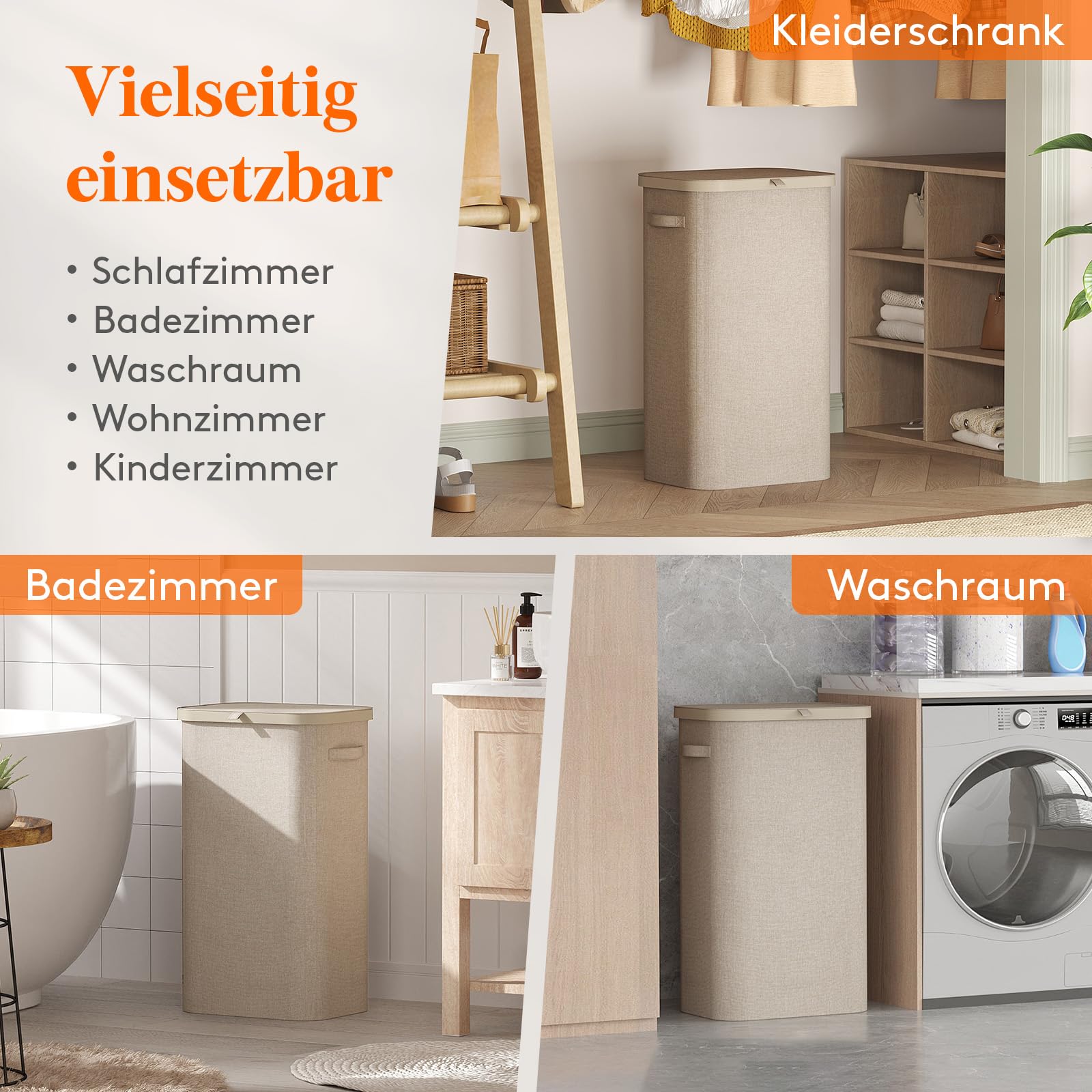 Lifewit 105L Wäschekorb mit Deckel, hoher Wäschekorb mit Kunststoffrahmen, faltbarer großer Wäschekorbsammler, Wäschekörbe für Schlafzimmer, Bad, Beige 9
