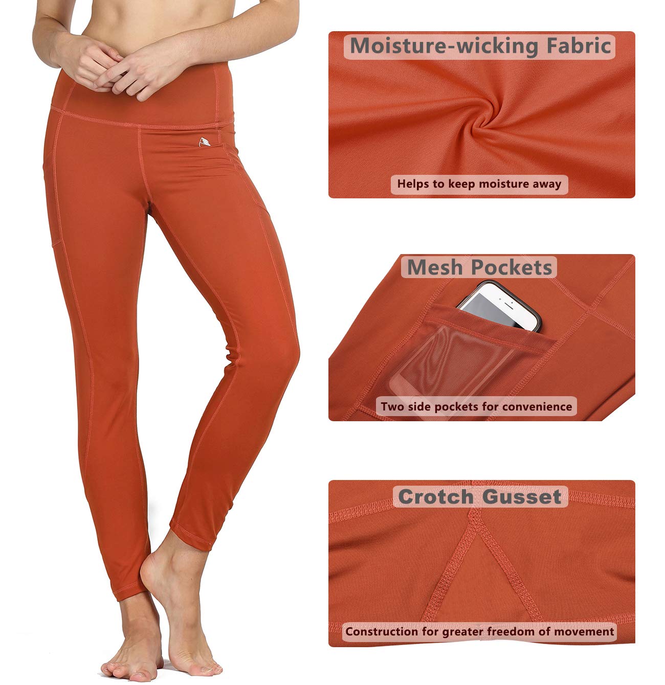 icyZone Tummy Control Slimming Shaping High Waist Yoga Tights Leggings with Mesh (L, Persimmon)