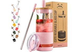 Pandaloo Glass Cups With Lids and Straws -20 Fl Oz- Perfect Size Iced Coffee Cup - Smoothie Cup With Bamboo Lid and On the go Lid - Glass Tumbler With Straw (1 Count (Pack of 1), Tender Pink)