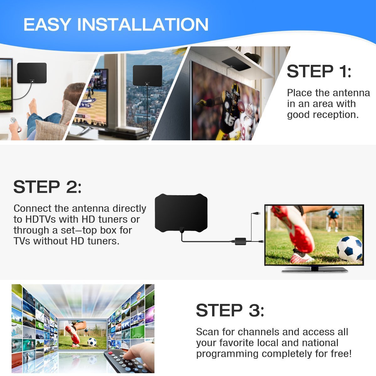 TV Antenna, LENPOW Best Indoor 1080P Amplified Digital TV Antenna 60 Mile Range with Detachable Amplifier Signal Booster, USB Power Supply, 16.5Ft High Performance Coaxial Cable, Black