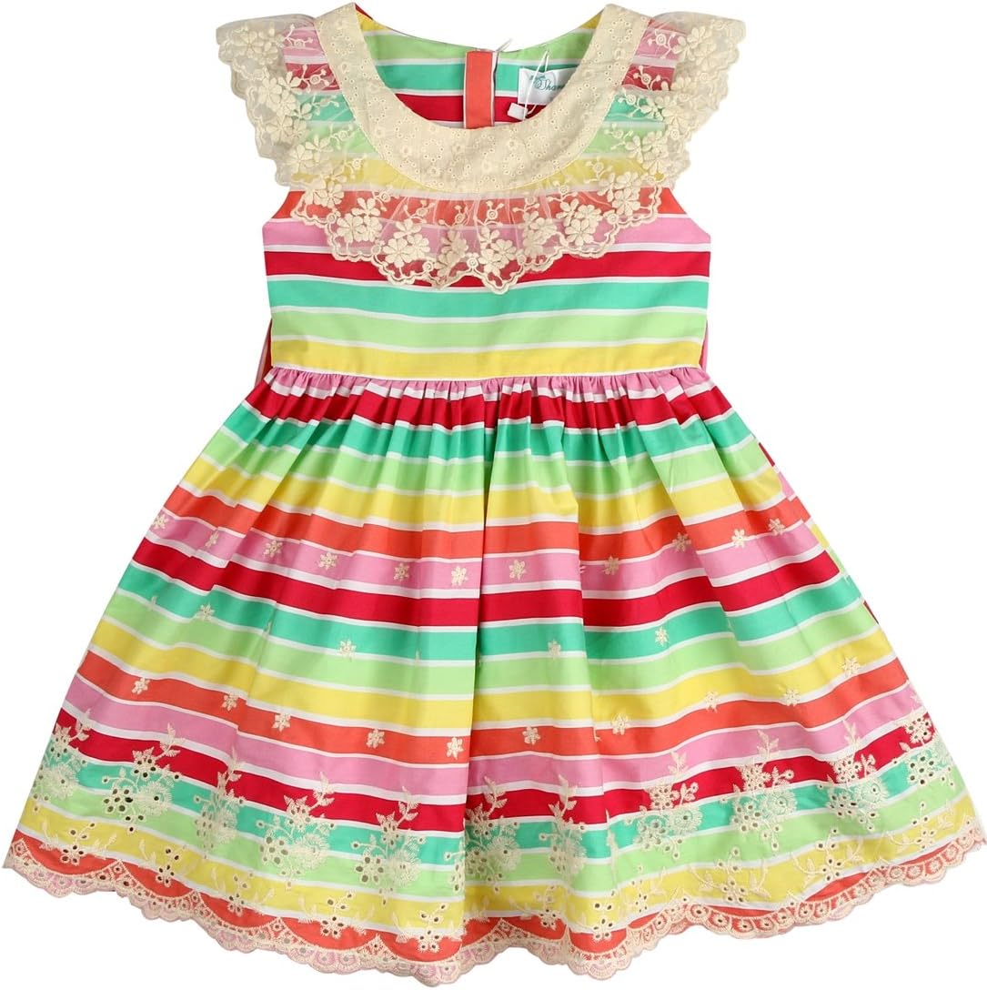 Sharequeen Girls Dress Summer Flower Lace Embroidery Ruffle Design Cotton Stripe 2-9T (7-8T Height 52", Stripe)
